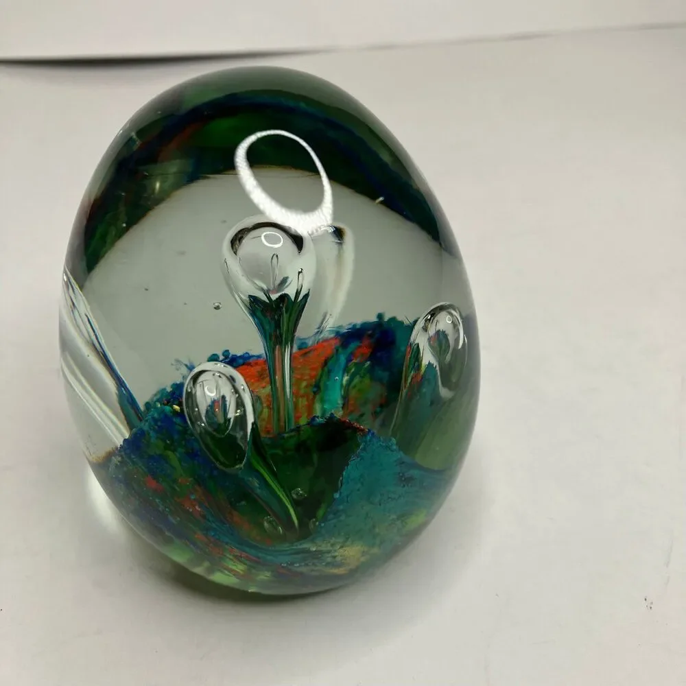 Vintage Art Glass Paperweight Hand Blown Controlled Bubbles Colorful Egg Shaped